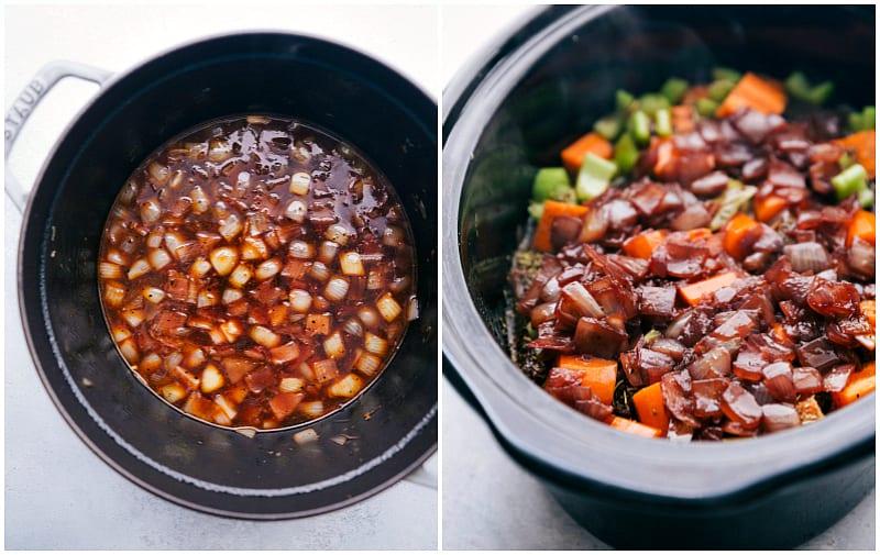 Process hots: cooking the onions; putting the onions on top of short ribs in the slow cooker