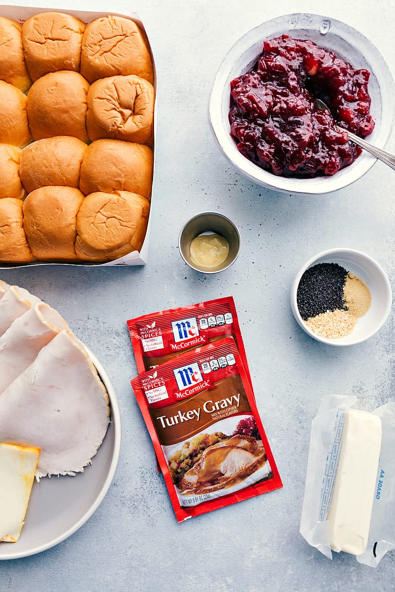 Overhead shot of ingredients to repurpose into another meal -- turkey sliders: one of many leftover turkey recipes