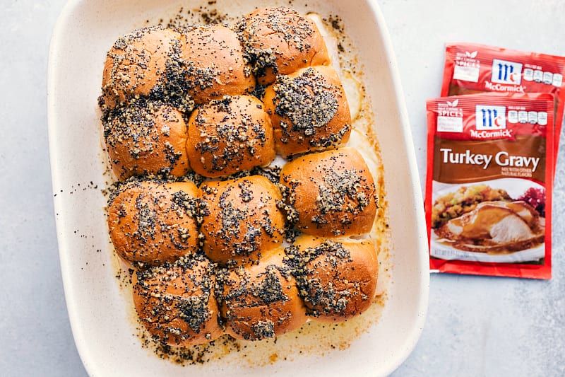 Overhead shot of baked turkey sliders