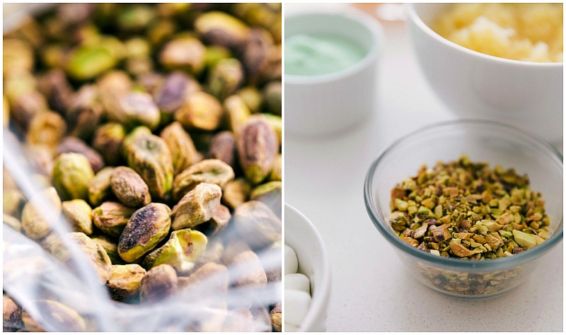 Whole and chopped pistachios ready for adding to the recipe.