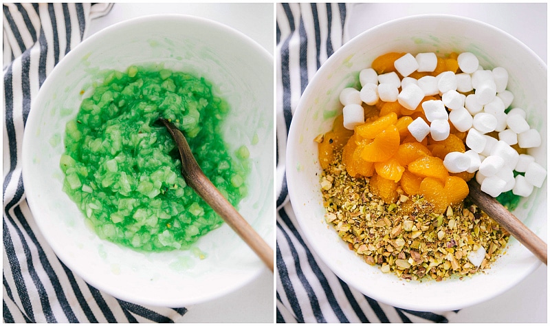 Adding marshmallows and mandarin oranges to Watergate Salad