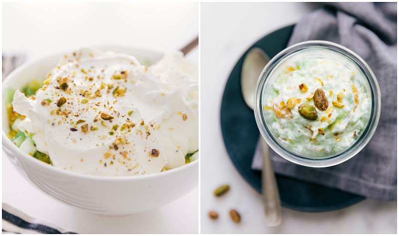 Carefully topping Watergate salad with a generous dollop of whipped topping and a sprinkling of crunchy pistachios for a delightful finish.