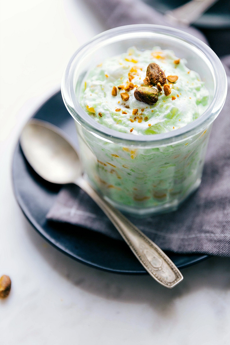 Finished Watergate Salad topped with pistachios, ready to enjoy.