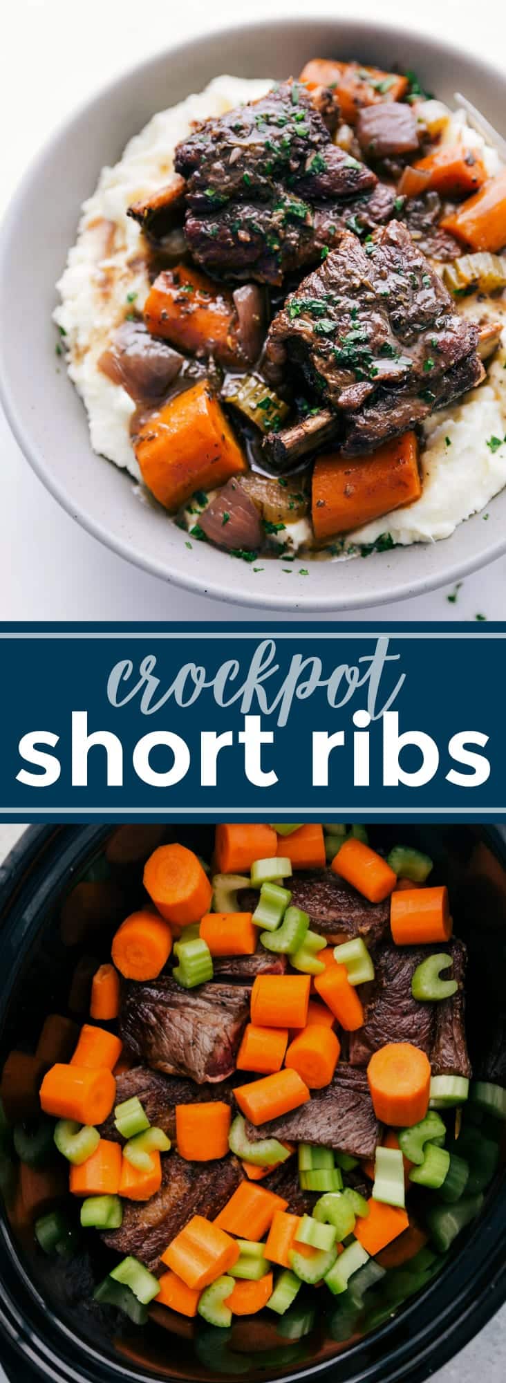 A savory, hearty meal of perfectly seasoned short ribs with veggies and a delicious gravy! Step-by-step photos and an EASY foolproof recipe! via chelseasmessyapron.com #crockpot #short #ribs #shortrib #dinner #easy #slow #cooker #familyfriendly #kidfriendly
