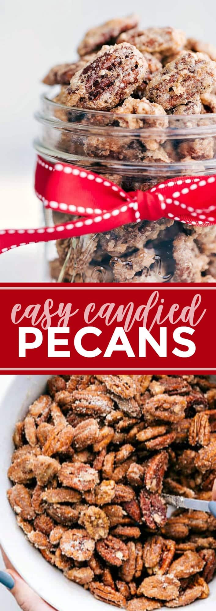 A foolproof and simple recipe to making delicious candied pecans! Package these pecans up for a festive gift, add them to an appetizer/cheese board, or top your favorite salads/desserts with them.  via chelseasmessyapron.com #candy #candied #pecan #pecans #recipe #christmas #holiday #holidays #treat #easy #quick