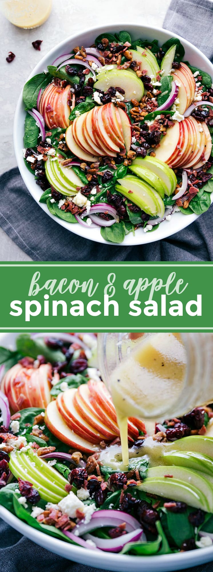 The perfect Fall Spinach Salad with spinach, apples, red onion, dried cranberries, feta cheese, the best turkey bacon, candied pecans and an incredible apple dijon vinaigrette via chelseasmessyapron.com #spinach #salad #easy #quick #kidfriendly #fall #holiday #holidays #recipe #thanksgiving #christmas