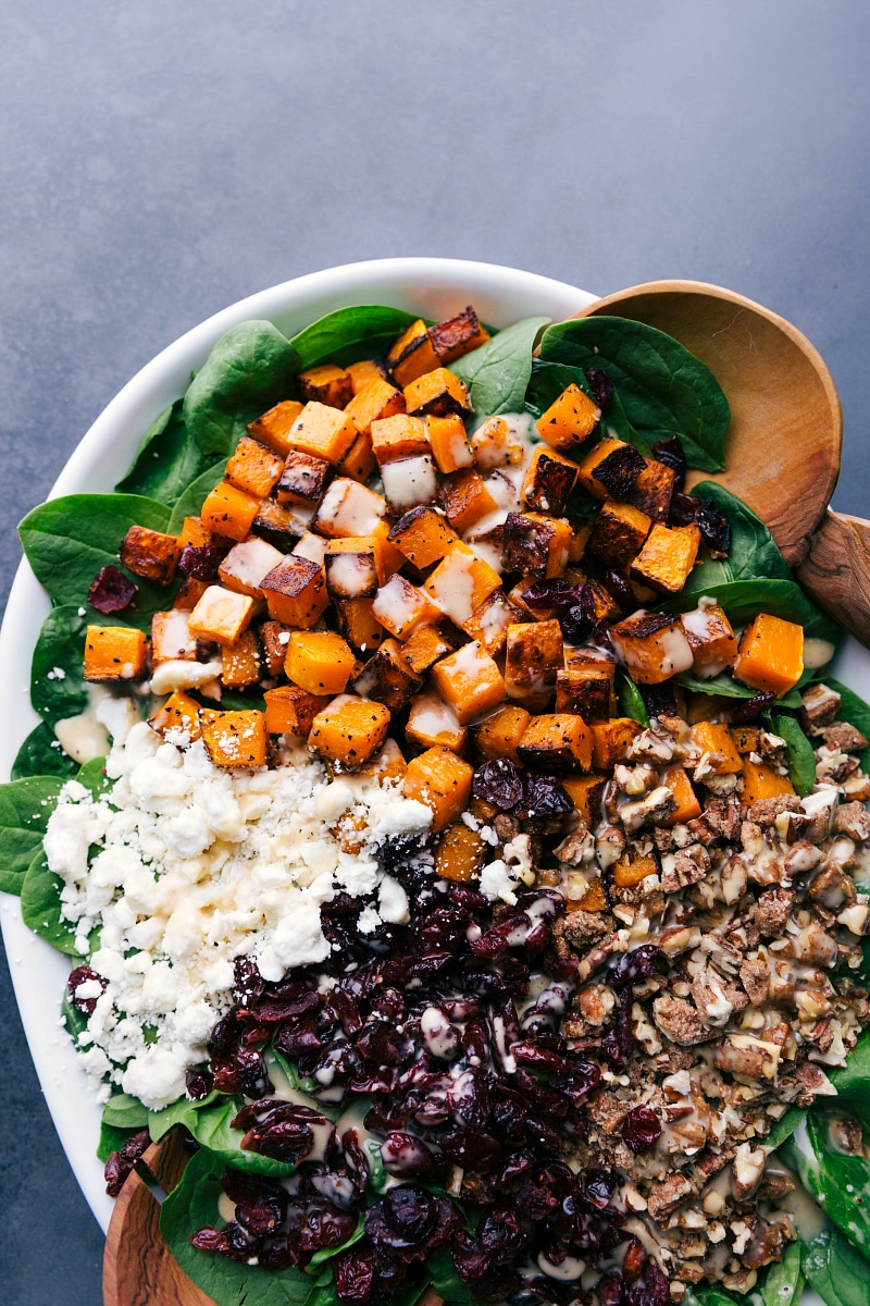 Overhead image of Butternut Squash Salad dressed and ready to be eaten.