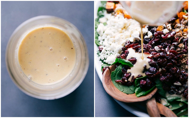 Process shots-- images of the dressing in a Mason jar and it being poured over the salad.