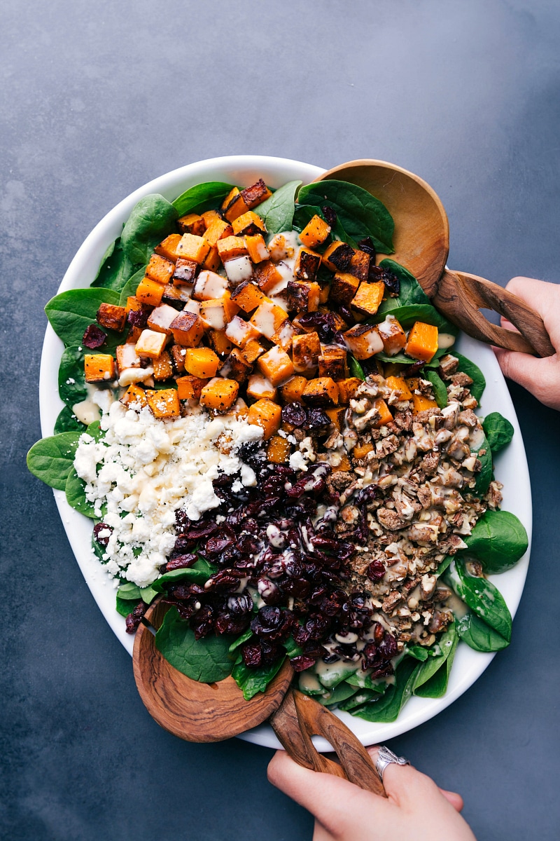 Overhead image of the butternut squash salad, freshly dressed. 