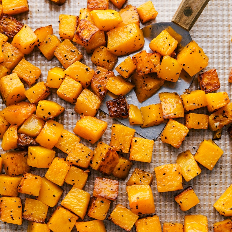 Overhead image of the roasted butternut squash, fresh out of the oven.