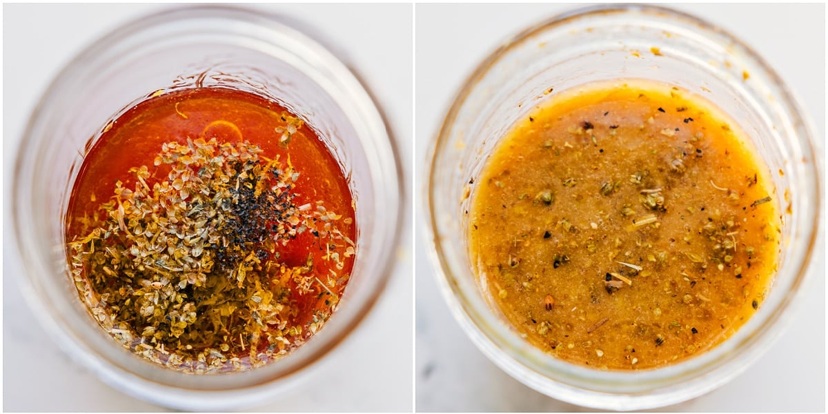 Dressing shaken together in a mason jar, ready to pour over the chickpea salad.