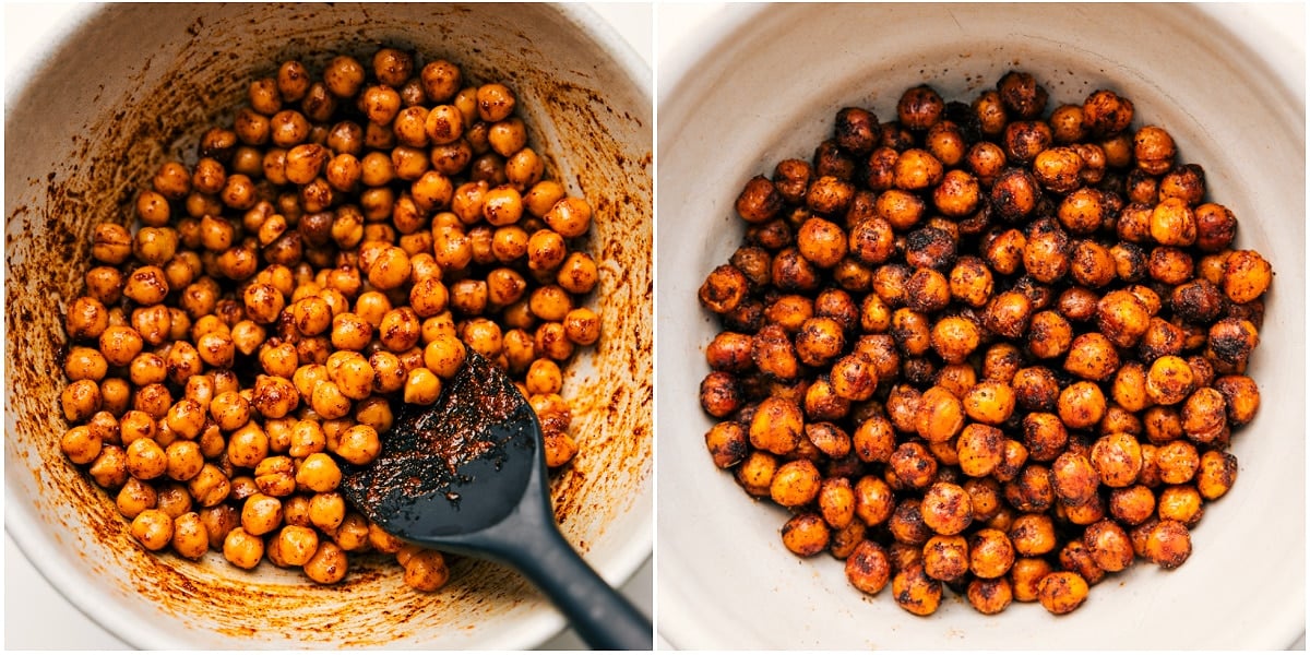 Chickpeas coated in seasonings and roasted until crisp for this chickpea salad.