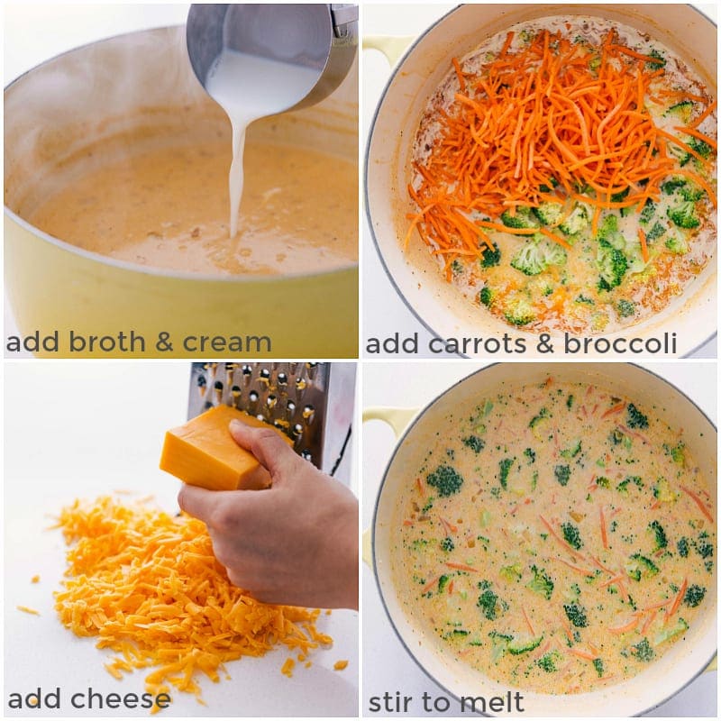 Combining chicken broth, cream, carrots, broccoli, and cheese in a pot.