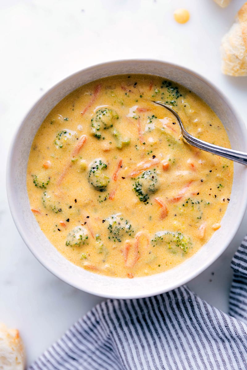 Delicious bowl of homemade broccoli cheddar soup.