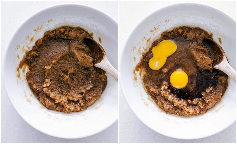 Process shots--adding eggs to the butter and sugar mixture