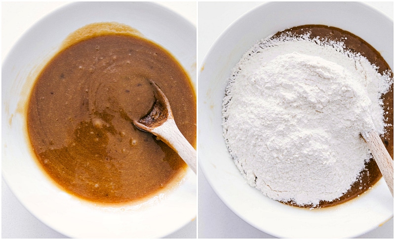 Images of the dough being made and showing the flour being added