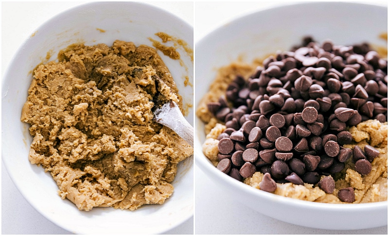 Image of the cookie dough and chocolate chips being added to it