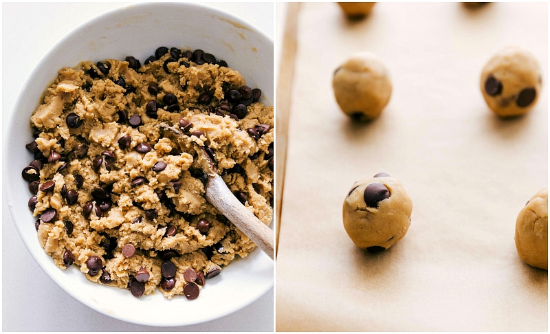 Coconut Oil Chocolate Chip Cookie dough in a bowl and then rolled into balls for baking