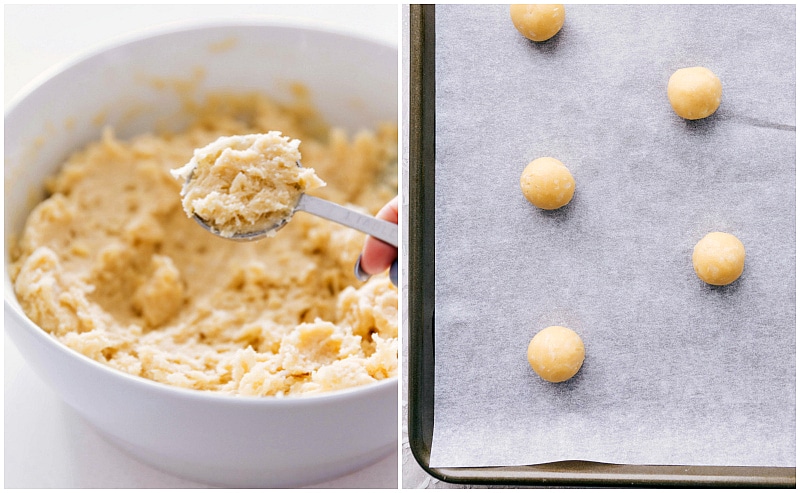 Process shots: scooping dough to make cookie balls
