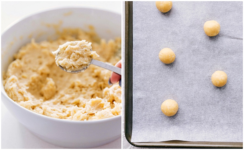 Process shots: scooping dough to make cookie balls