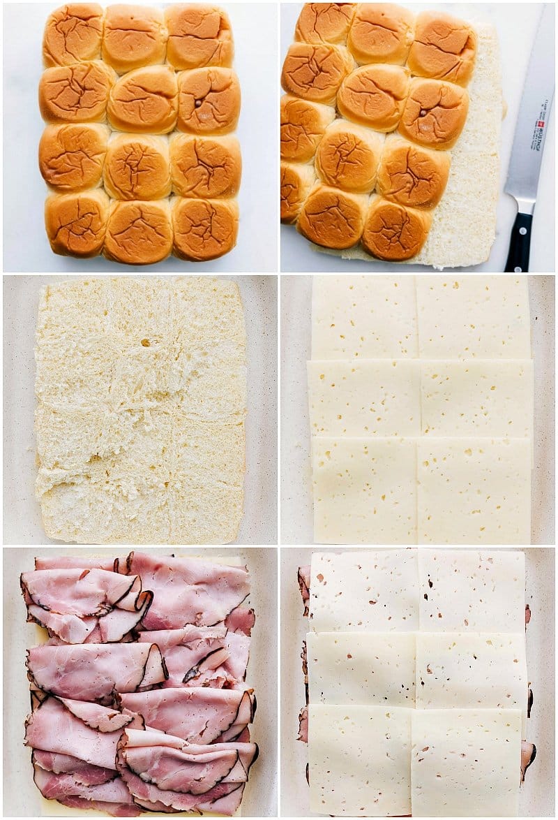 Step-by-step process shots making Ham and Cheese Sliders -- adding cheese and ham to the rolls.