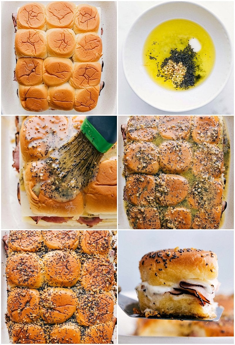 Adding the top layer of rolls to the dish, then the butter topping being spread on top and it all being baked.