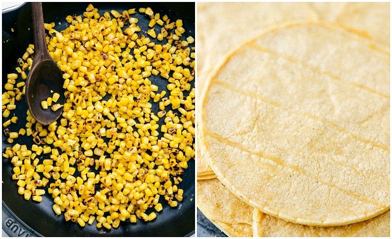 Overhead image of the prepped corn and tortillas for Healthy Tacos.