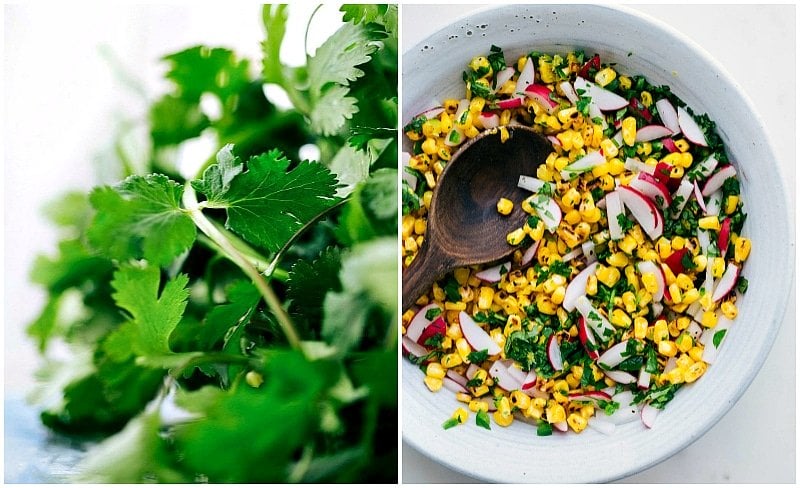 Overhead image of cilantro and the corn mix that goes in Healthy Tacos.