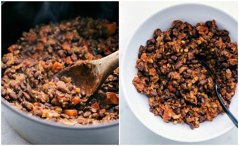 Overhead image of the black beans and onion mixture that is the core of these Healthy Tacos.