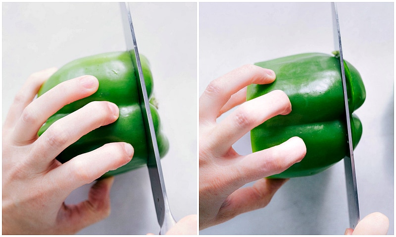 Overhead image of how to cut a bell pepper.