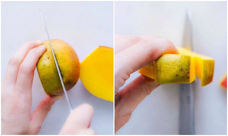 Image of the mango skin being sliced from the pit.