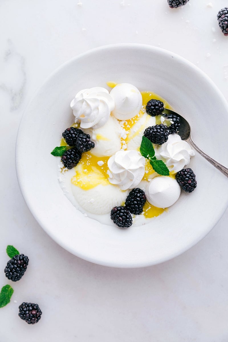 Meringue Cookies garnishing Lemon Blackberry Frozen Yogurt.