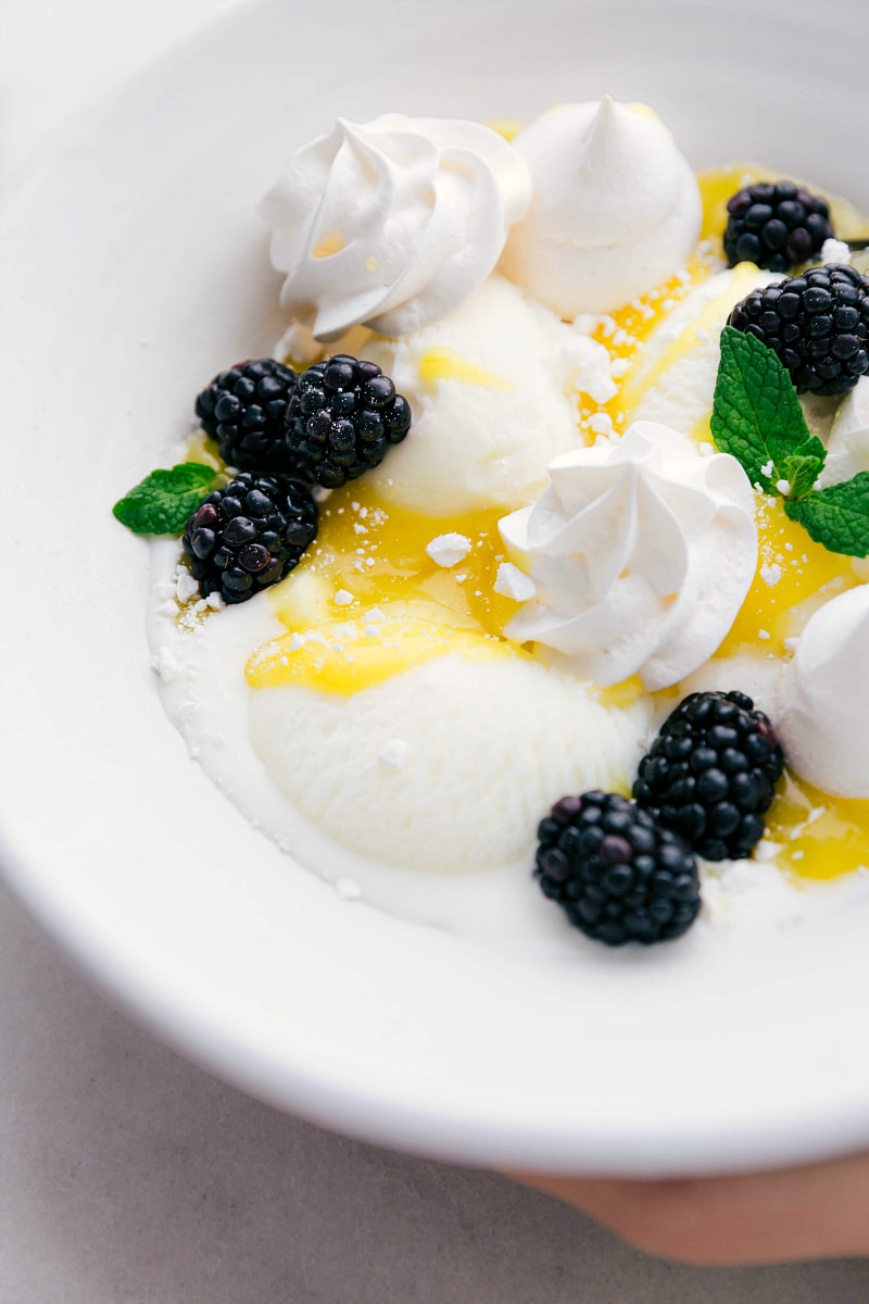 Meringue Cookies with lemon-blackberry frozen yogurt.