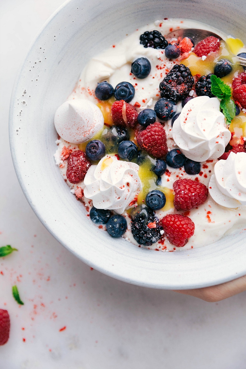 Meringue Cookies served with fruit.