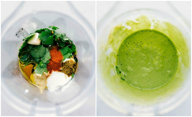 Overhead photos showing the dressing being made in a blender