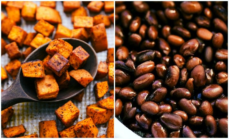 Roasted sweet potatoes and black beans