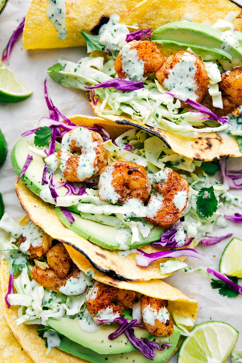 Overhead image of the ready-to-eat Shrimp Tacos.