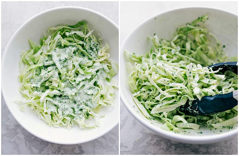 Overhead image of the shredded cabbage being mixed with the dressing for the Shrimp Tacos.