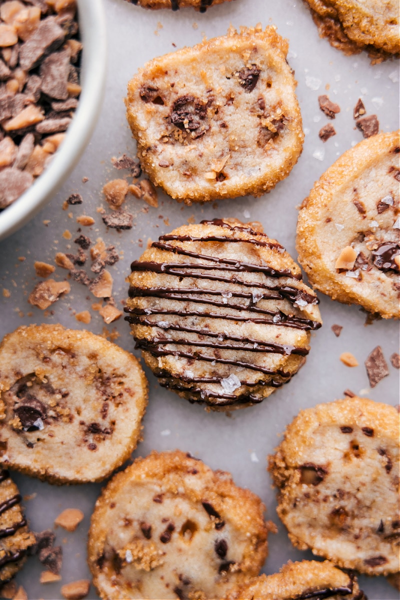 Up close overhead image of the toffee shortbread cookies ready to be enjoyed