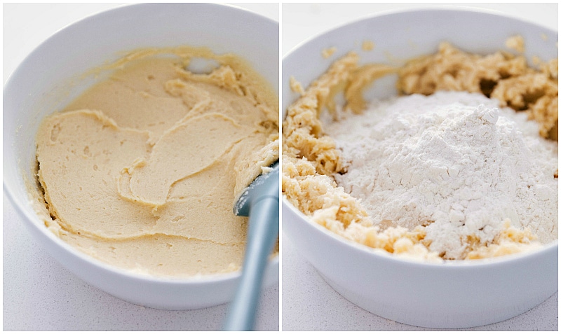 Process shots: adding the flour to the wet ingredients