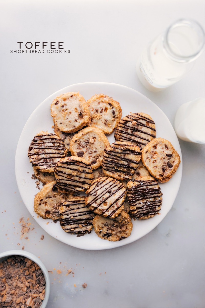 Overhead image of the toffee shortbread cookies on a plate