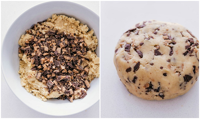 Mixing the toffee bits into the cookie dough