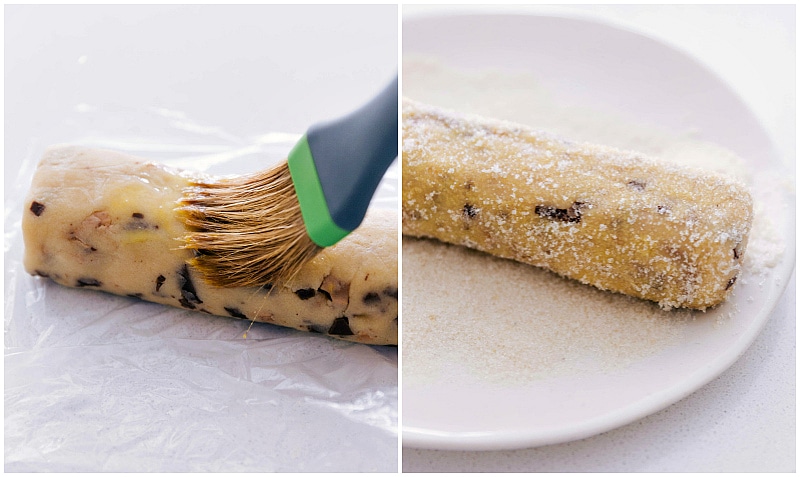 Coating the dough cylinders in sugar