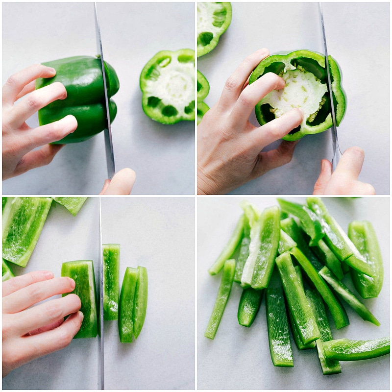 Prepping green peppers for Vegetarian Fajitas