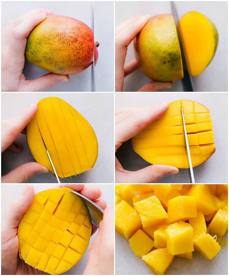 Overhead image showing how to cut a mango