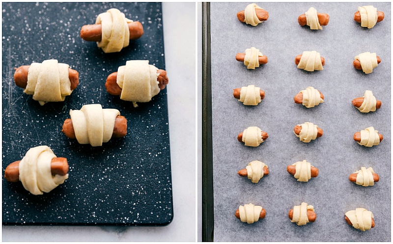 Process shots: Sausages wrapped up in the dough and placed on a tray to make Pigs in a Blanket.