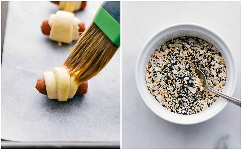 Process shots -- adding seasoning mix and butter to the top of the wrapped sausages.