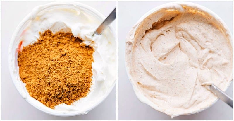 Overhead image of the taco seasoning being added to the sour cream for one of the layers of the 7-Layer Bean Dip.