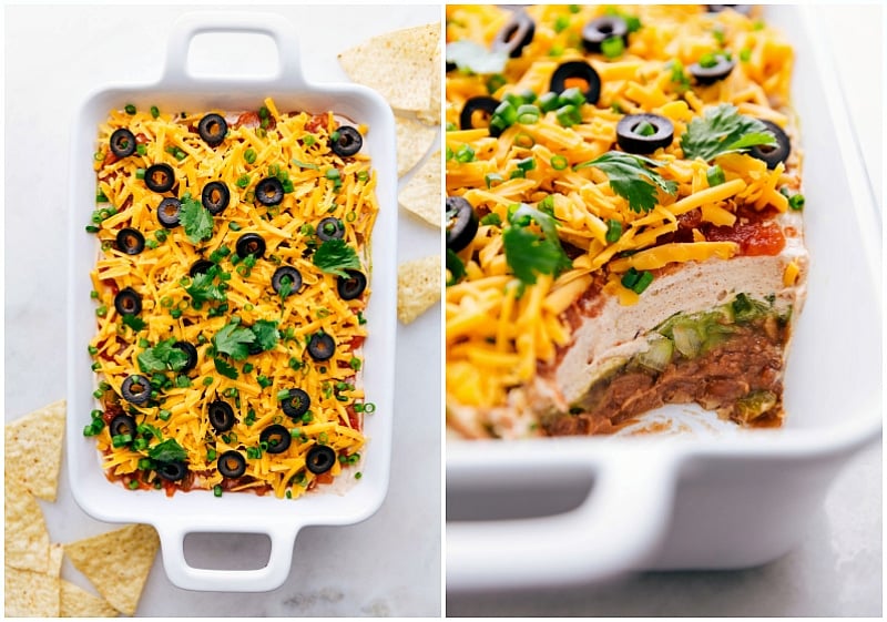 Overhead view of the 7-Layer Bean Dip, and a close-up view showing a side view of all the layers.