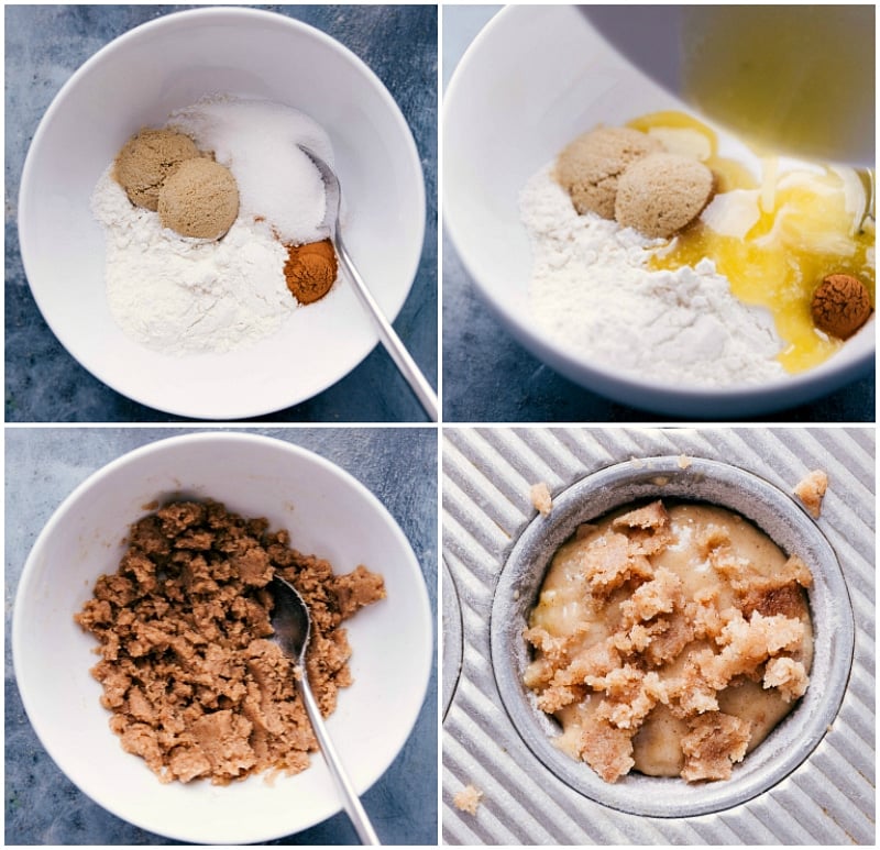 Process shots of Banana Crumb Muffins: the dry ingredients; the wet and dry ingredients mixed; the crumb topping being made; crumb topping added to the top of the muffin batter.